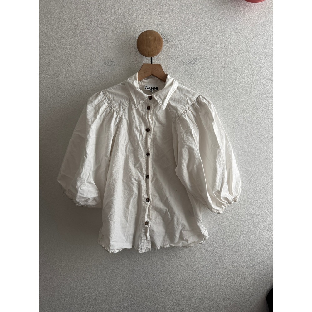 Ganni White Cotton Puff Sleeve Button Down Blouse Size 34 *Stains*